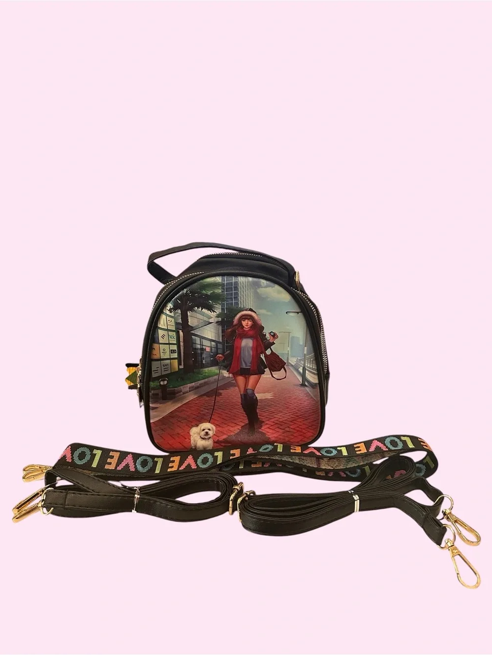 Black Anime Girl & Dog Convertible Mini Backpack Crossbody Bag